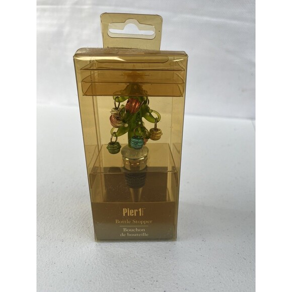 Pier One Wine Bottle Stopper Christmas Tree Art Glass Ornaments Hostess Gift - Picture 1 of 1